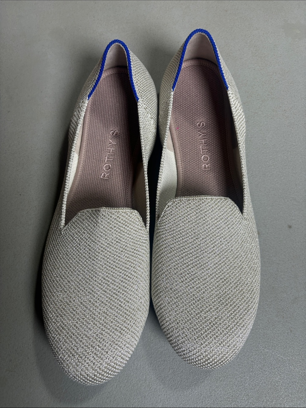 Rothy's Women's Pointed Knit Loafers in Light Gray with Blue Trim